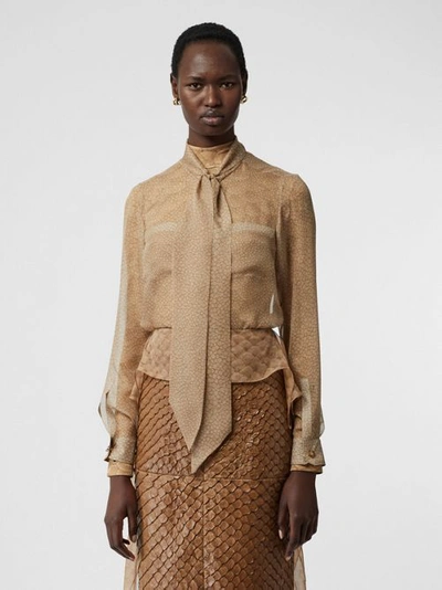 Shop Burberry Fish-scale Print Silk Oversized Pussy-bow Blouse In Light Sand