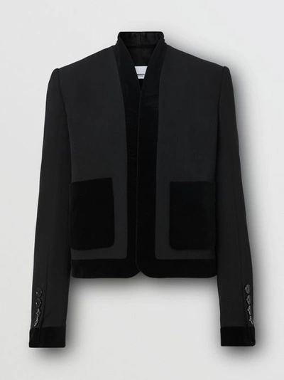 Shop Burberry Velvet Detail Wool Tailored Jacket In Black