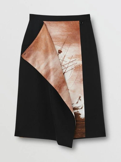 Shop Burberry Ship Print Silk Panel Wool Pencil Skirt In Black