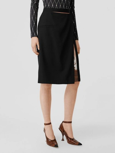 Shop Burberry Ship Print Silk Panel Wool Pencil Skirt In Black