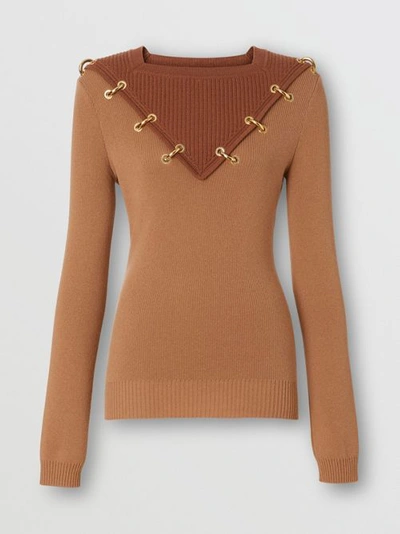 Shop Burberry Ring-pierced Two-tone Wool Cashmere Jumper In Warm Camel