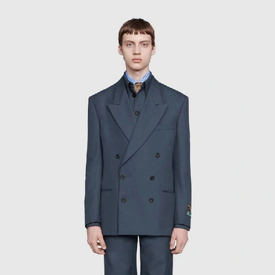 Shop Gucci Drill Jacket With Sartorial Labels In Blue