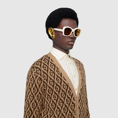 Shop Gucci G Rhombus Wool Cardigan In Beige
