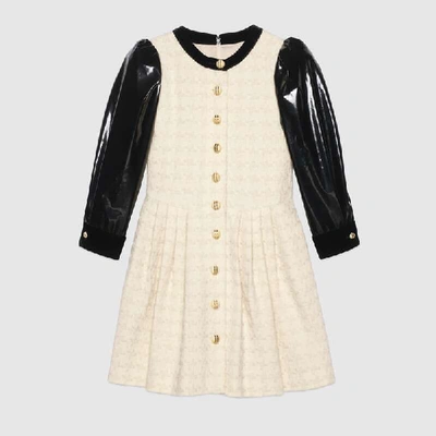 Shop Gucci Houndstooth Tweed Dress With Vinyl Sleeves In White