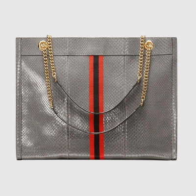 Shop Gucci Rajah Snakeskin Large Tote In Grey