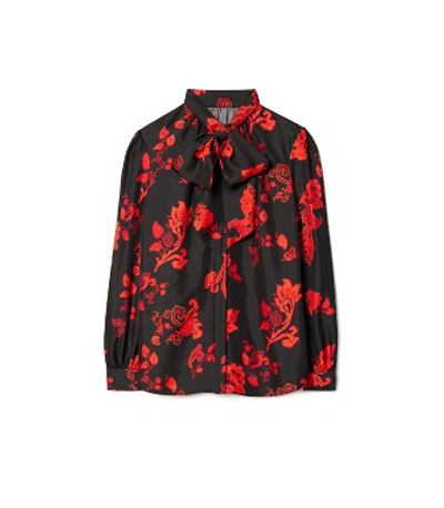 Shop Tory Burch Printed Bow Blouse In Black Mountain Paisley