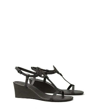 Shop Tory Burch Miller Sandal Wedges, Tumbled Leather In Perfect Black