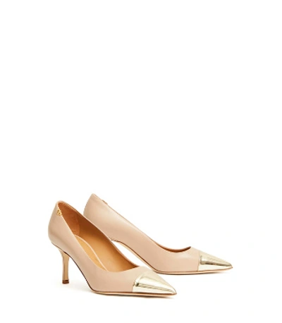 Shop Tory Burch Penelope Metallic Cap-toe Mid-heels Pump In Light Taupe / Spark Gold