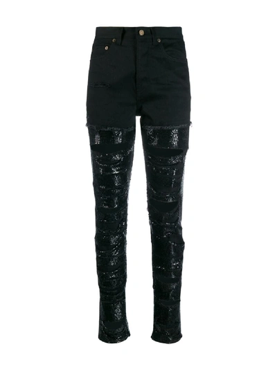 Shop Saint Laurent Sequin-embellished Ripped Skinny Jeans In Black