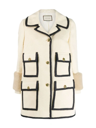 Shop Gucci Single-breasted Trimmed Coat In Neutrals
