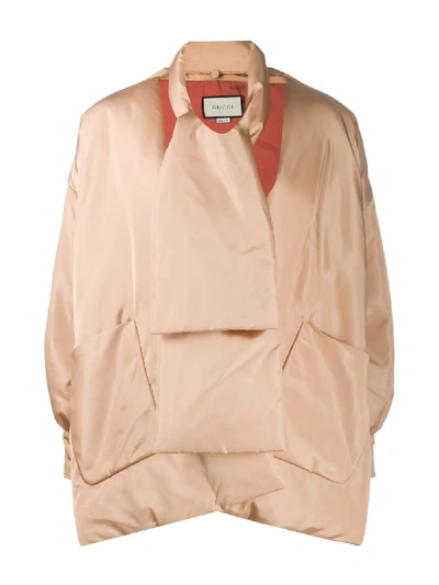 Shop Gucci Silk Detachable Scarf Padded Jacket In Neutrals