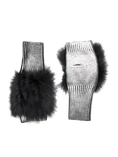 Shop Jocelyn Savage Love Metallic Knit Fox Fur Fingerless Mittens In Gunmetal