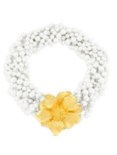 Shop Kenneth Jay Lane Faux-pearl Twisted Multi-strand Flower Necklace In Gold