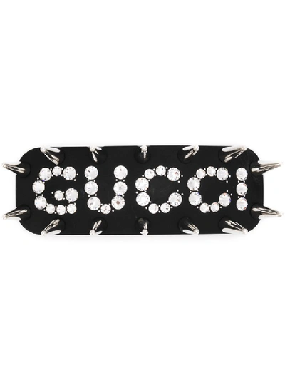 Shop Gucci Studded Crystal Logo Hair Clip In Black
