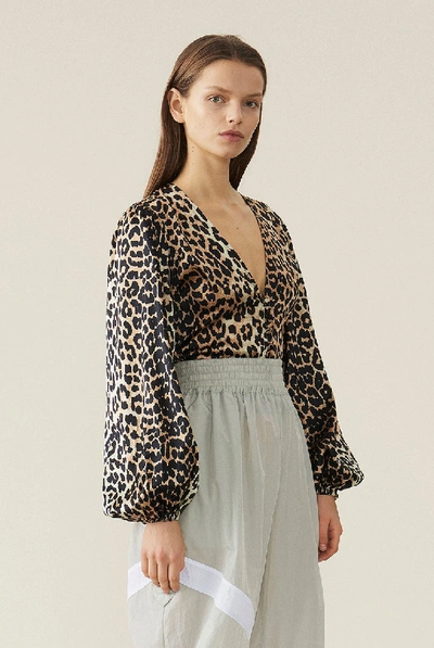 Shop Ganni Silk Stretch Satin Blouse In Leopard