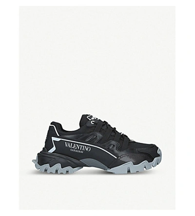 Shop Valentino Climbers Leather And Mesh Trainers In Black