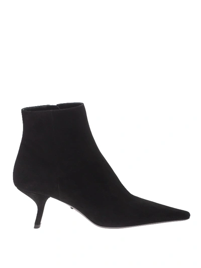 Shop Prada Suede Pointy Toe Ankle Boots In Black