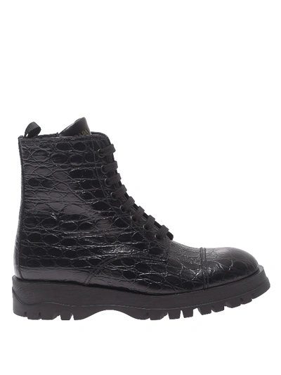 Shop Prada Croco Print Leather Ankle Boots In Black