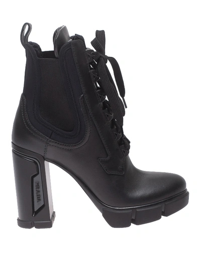 Shop Prada Neoprene Detailed Leather Ankle Boots In Black