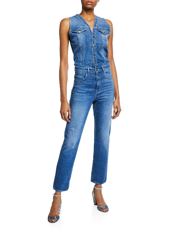 Frame Le Slender Sleeveless Straight-Leg Denim Jumpsuit In Blue | ModeSens