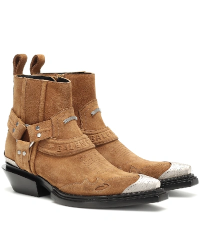Shop Balenciaga Santiag Harness Suede Ankle Boots In Brown