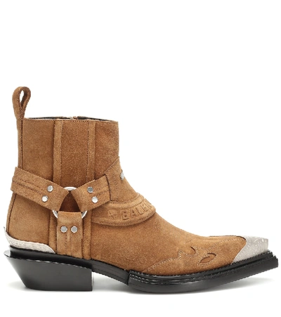 Shop Balenciaga Santiag Harness Suede Ankle Boots In Brown