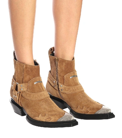 Shop Balenciaga Santiag Harness Suede Ankle Boots In Brown