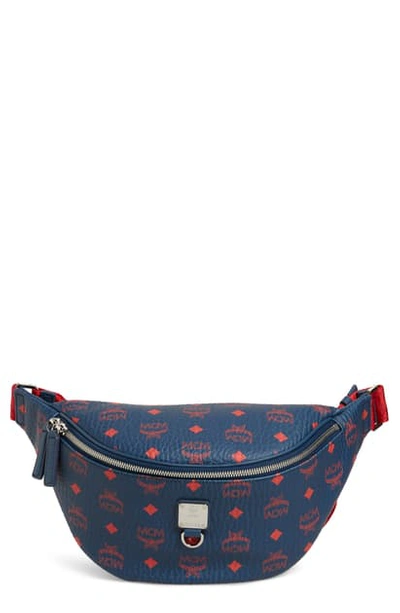 Shop Mcm Fursten Visetos Medium Belt Bag In Deep Blue Sea