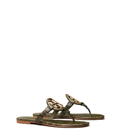 Shop Tory Burch Miller Metal-logo Sandals, Embossed Leather In Leccio Roccia / Gold