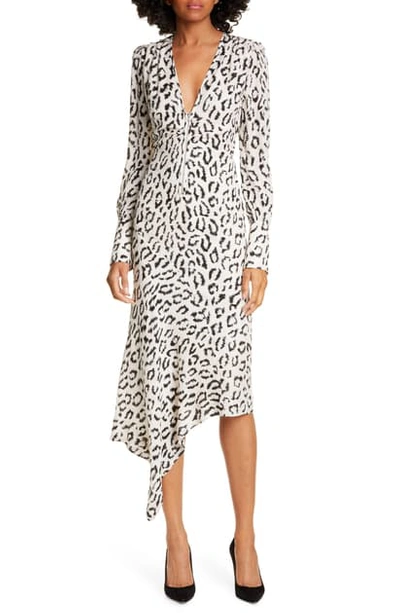 Shop A.l.c Eden Leopard Print Silk Asymmetrical Long Sleeve Dress In Cream/ Black