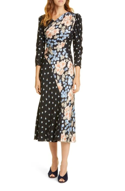 Shop Rebecca Taylor Mixed Floral Silk Blend Midi Dress In Black Combo