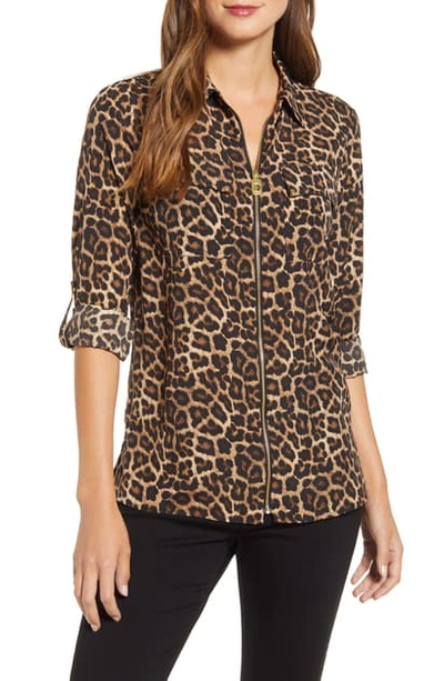 Shop Michael Kors Leopard Print Dog Tag Zip Front Shirt In Dark Camel