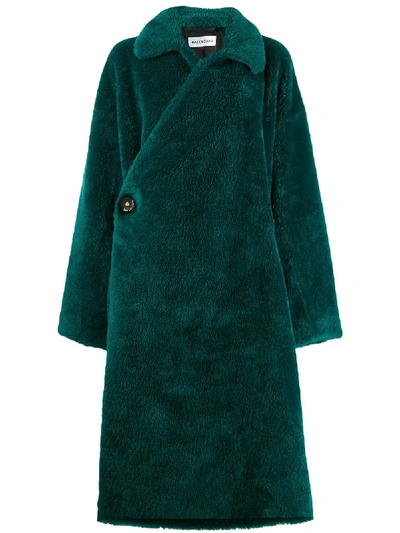 Shop Balenciaga Faux-fur Wrap Coat In Green