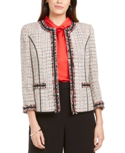 Shop Anne Klein Tweed Fringe-trim Jacket In Anne White/anne Black