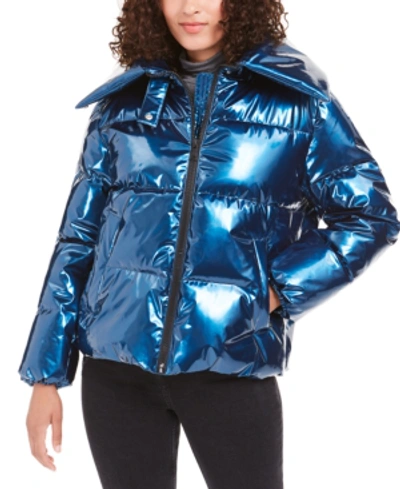 Kendall + Kylie Shiny Vinyl Puffer Coat In Blue | ModeSens