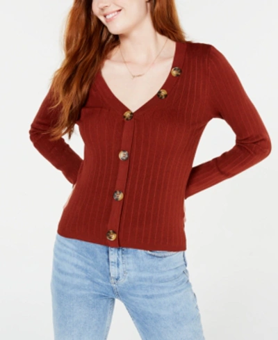 Shop Almost Famous Juniors' Ribbed Cropped Buttoned Sweater In Toasted Sienna