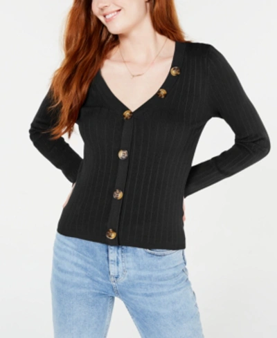 Shop Almost Famous Juniors' Ribbed Cropped Buttoned Sweater In Black