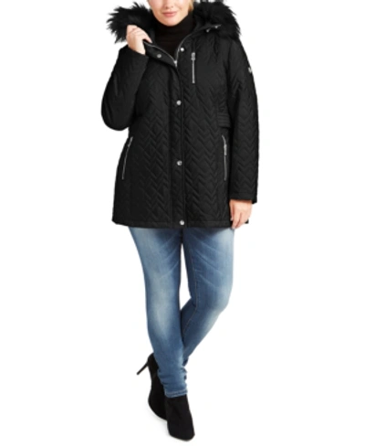Shop Calvin Klein Plus Size Faux-fur-trim Hooded Quilted Jacket In Black