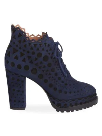 Shop Alaïa Lace-up Laser Cut Suede Ankle Boots In Bleu Noir