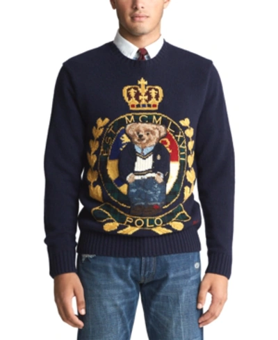 Shop Polo Ralph Lauren Men's Royal Bear Wool Blend Sweater In Navy Crest Bear