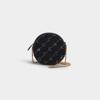 Shop Stella Mccartney Mini Round Monogram Bag In Black Velvet And Crystals