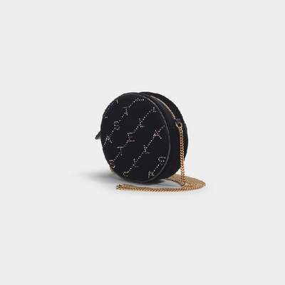 Shop Stella Mccartney Mini Round Monogram Bag In Black Velvet And Crystals