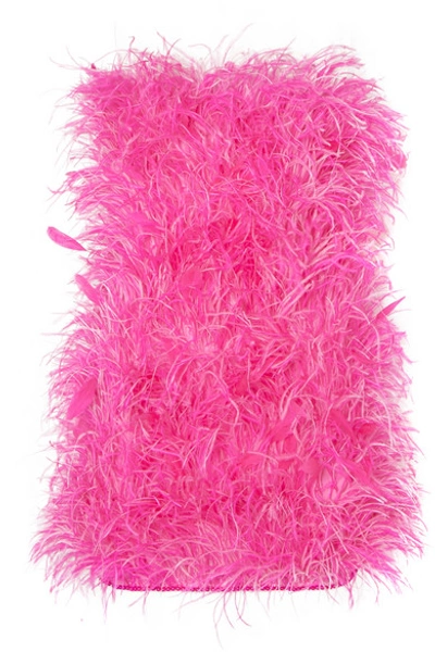 Shop Attico Strapless Bead And Feather-embellished Cotton Mini Dress In Pink