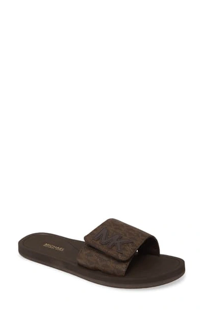 Shop Michael Michael Kors Mk Logo Slide Sandal In Brown Logo