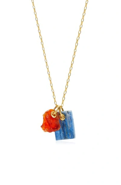 Shop Monica Vinader X Caroline Issa Double Gemstone Pendant Necklace In Yellow/ Kyanite/ Carnelian
