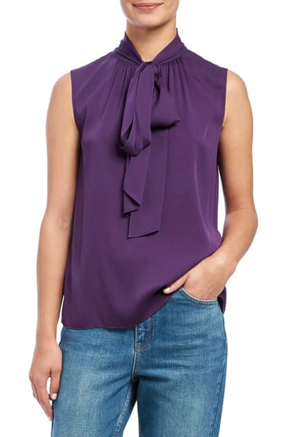 Shop Theory Scarf Tie Sleeveless Stretch Silk Blouse In Plum