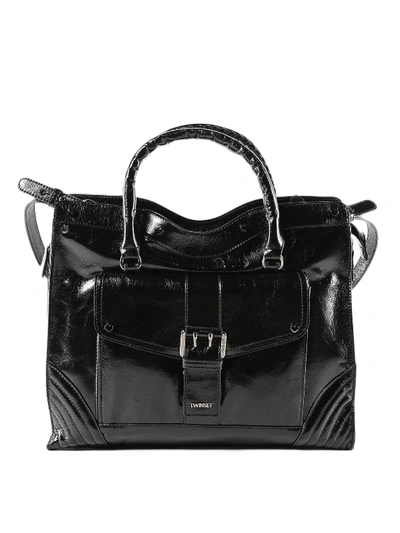 Shop Twinset Black Crackle Leather Tote