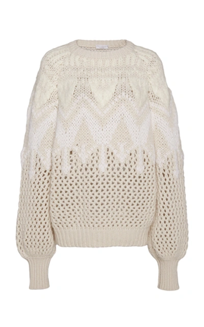 Shop Brunello Cucinelli Intarsia-knit Cashmere And Silk-blend Sweater In White