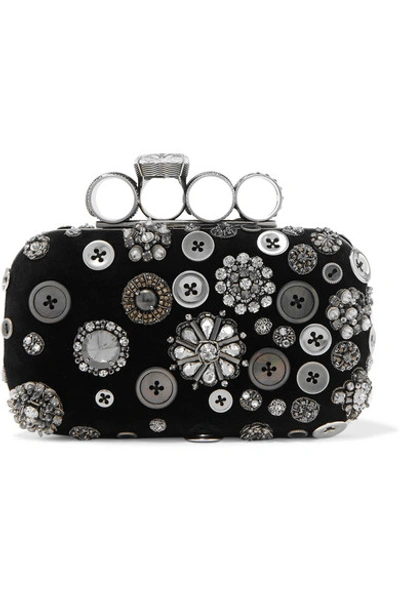 Shop Alexander Mcqueen Four-ring Embellished Suede Clutch In Black