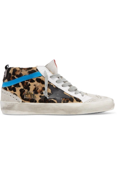 Shop Golden Goose Mid Star Distressed Leopard-print Calf Hair, Leather And Suede Sneakers In Leopard Print